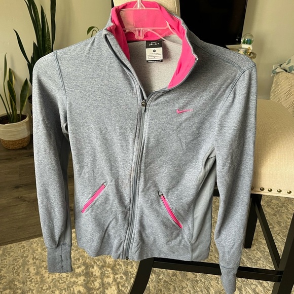 Gently Used Nike Dri-Fit Long Sleeve Pink and Gray Zip Jacket with Pockets, M - Picture 1 of 5